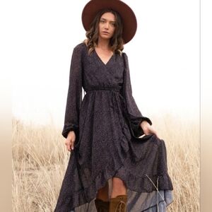 Joyfolie Ella Black Dot Dress Ruffled Maxi Dress, SIZE SMALL